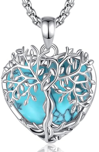 AEONSLOVE Lebensbaum Kette Türkis Kette Baum des Lebens Halskette Damen Frauen Türkis Stein Anhänger Herz Lebensbaum Anhänger Kristall Kette Kristallkette Heilsteine Kette Edelstein Schmuck