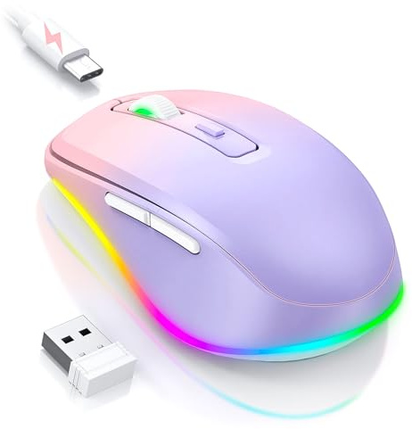 PEIOUS Wireless Mouse Jiggler - LED Optical Mouse with Jiggler Functionality, USB Connectivity, Purple to Pink, 6 Buttons, Right Handed, Modern Style, Rechargeable, Keeps Computers Awake