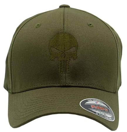 Café Viereck ® Unisex Cap Wooly Combed – Gestickt mit olivgrünem Punisher Zeichen – Olivgrüne Cap für Männer und Frauen - Größe S/M (54-58 cm)