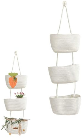 DYUEE 3-Tier Over the Door Hanging Basket Cotton Rope Woven Storage Basket Wall Mount Hanging Storage Organiser Bag with Hook, for Livingroom Kitchen Bedroom Decorative Hanging Basket (White)