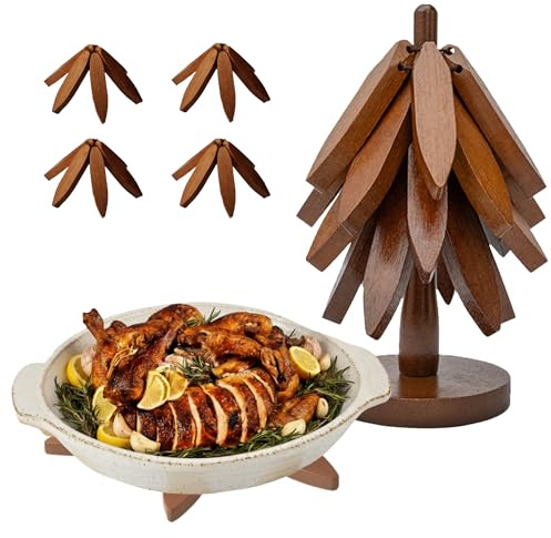 Wooden Tree Trivet Set – 4 Tree-Shaped Coasters & 1 Stand for Hot Pots, Dishes | Heat-Resistant, Space-Saving Pot Rest & Cozy Kitchen Decor, Tree Trivets for Counter + Special Bonus (Walnut)