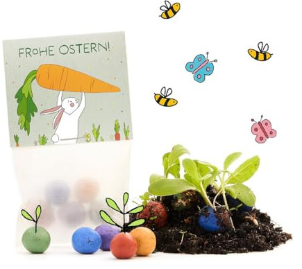 Ostergeschenk Frohe Ostern – Set aus 10x5 bunten Blumenmurmeln l Saatkugeln in einem Tütchen mit niedlichem Hasen-Motiv l Geschenk zu Ostern l Geschenkidee Ostern l Ideal fürs Osternest für Kinder