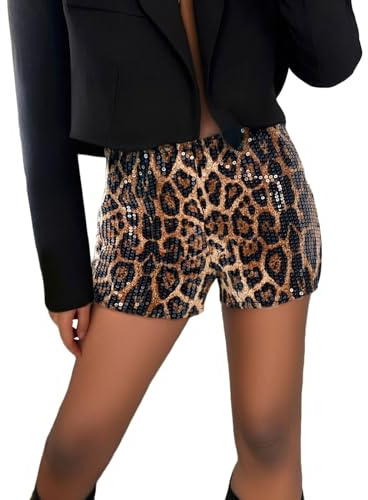 Leopard Hotpants Pailletten Mini Shorts Damen Skinny Kurz Hose Rave Hose Mit Pailletten Perlen Hohe Taille Shorts Festivals Outfits Booty Hot Pants Sparkly Tanz Short Party Clubwear
