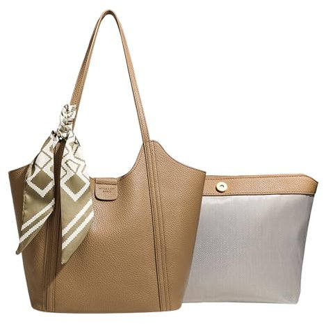 Mabecol Damen Shopper Tasche Groß mit Abnehmbarem Innenfach & Stilvollem Seidenschal,Elegante Tote Bag Damen aus PU Leder, 2-in-1 Schultertasche & Handtasche mit Magnetverschluss (Braun)