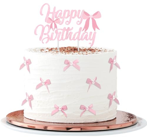 VewePata Cake Topper Geburtstag,18 Stück Mini Rosa Schleifen+Perlen Tortenaufleger mit Happy Birthday Tortendeko Schild,Tortendeko Hochzeit,Torten Deko-Junggesellinnenabschied Dekoration (Rosa)
