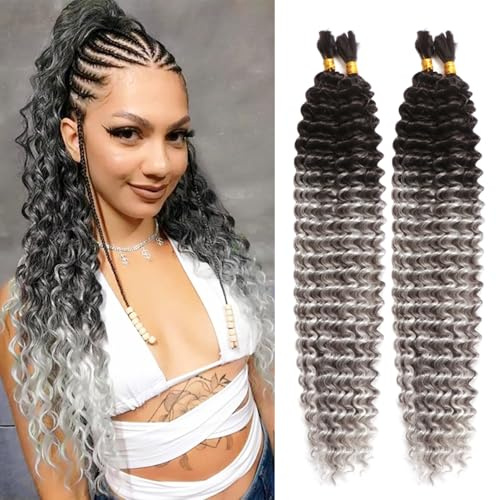 Seimainurs Deep Wave Crochet Hair Long Curly Braiding Hair for Boho Braids Ocean Wave Braiding Hair for Black Women (OT1B/Grey, 24 Inch (Bundles of 4))
