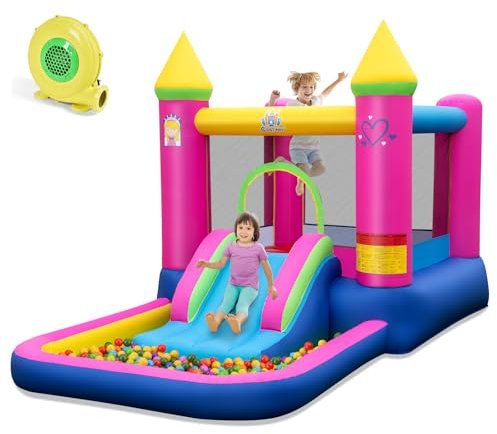COSTWAY 4 en 1 Château Gonflable sur Thème Princesse avec Toboggan & Souffleur 480W, Aire de Jeux Gonflable avec Maison de Saut & Piscine à Balles, Charge Max 90kg pour 2 Enfants de 3-12 Ans