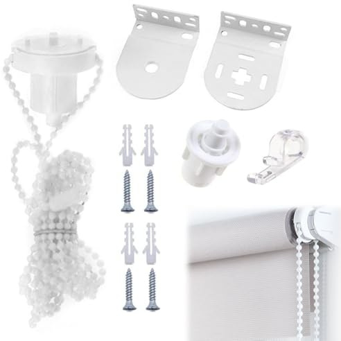1 Set Roller Blind Fittings 32mm, White Roller Blind Brackets with Bead Chain, Replacement Blinds Repair Kit for Fixing Curtain Blinds Shades Windows, Curtain Repair (32mm/1.25inches)