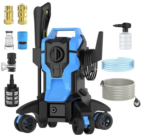 Nettoyeur Haute Pression, 150 Bar, Pression d'eau de 2400 PSI, Débit de 420L/h, IPX5, Pouvoir 2000 W, avec Tuyau Haute Pression 10 M, 4 Buse Réglable de 0 à 160°, Roue Universelle, Pot en Mousse (B)
