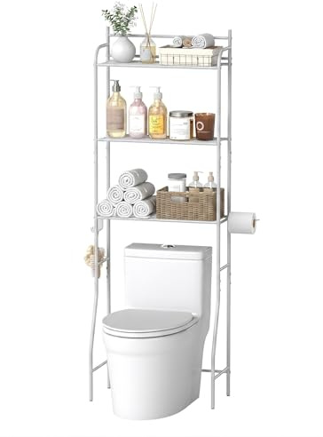 Suuiwau Over Toilet Storage Rack, 3 Tier, 57.5×19.5×163.5 cm | Metal Space Saving Organizer Shelf with 3 Hooks & Toilet Paper Holder for Bathroom, Laundry Rooms, White
