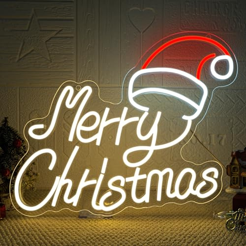 VYXIN Merry Christmas Hat Neon Schild,Frohe Weihnachten Hut Led Schild,Weihnachten Led Schriftzug,Neon Sign geeignet zur Dekoration von Neujahr,Partys,Schlafzimmer,Wohnzimmer,Geschäfte, Geschenke