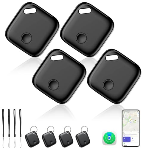 4 Pièce Air Traceur Tag GPS (iOS Uniquement), Localisateurs d'Objets avec 4 Dragonnes et 4 Anneau Porte-Clés, Traceur Bluetooth pour Valises, Portefeuilles, Clés, Sacs, Batterie Remplaçable