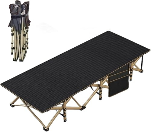 Cuccioletti CucCe Campingbett Tragbares Klappbett for Erwachsene, Metallstruktur mit seitlichen Aufbewahrungstaschen, zusammenklappbares Campingbett for Schlafzimmer und Büro(Black)