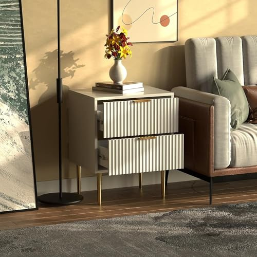 HYGRAD® White Bedside Table with 2 Drawers, Wooden Bedside Table Modern Fluted Nightstand, Bed Side Table for Bedroom Living Room