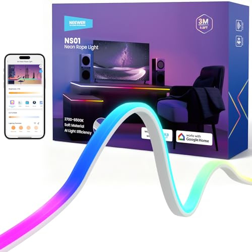 NEEWER 9.84ft/3m LED Strip Lights Front Lit, Smart AI RGB IC Cuttable Neon Rope Light, App Control Color Changing, Bedroom Gaming Room Home Indoor Wall Decor, Compatible with Google and Alexa, NS01