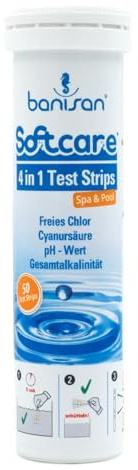Banisan Softcare 4 in 1 Teststreifen, 50 Stück, für Pools & Whirlpools, freies Chlor, pH-Wert, Alkalinität & Cyanursäure