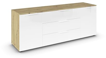 Rauch Möbel Flipp, Kommode, Farbe Glas Weiß/Eiche Artisan, Breite 160 cm | Sideboard, 2-türig, 3 Schubladen, Glasfront, Soft-Close-Funktion, für Schlafzimmer, Gästezimmer, Wohnzimmer, Garderobe, Flur