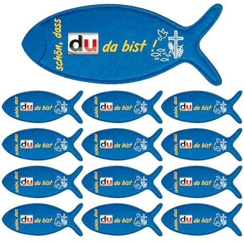 24 Stück Gastgeschenke Kommunion, Schön dass du da bist Entzückende Schokoladentasche aus Filz in Fischform, Gastgeschenke Konfirmation, Geburtstag Gastgeschenk Taufe Kommunion Deko (Blau)