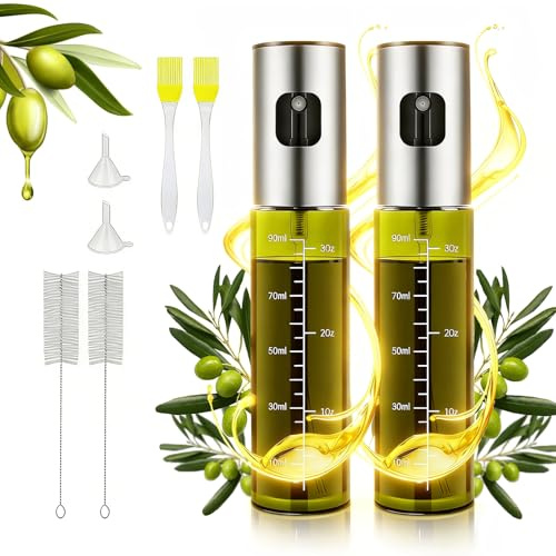 Vingspina 2 Stück 100ml Ölsprüher zum Kochen Ölspray | Grünes UV-Schutz Glas Öl Sprühflasche, Oil Sprayer mit Skala & Trichter, Küche Ölsprühflasche für Heißluftfritteuse