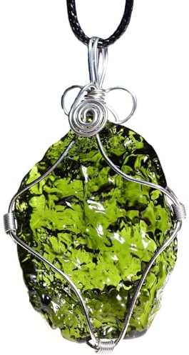 Hotainoys Collar de moldavita con cuerda, collar de cristal de moldavita de vidrio envuelto en alambre, roca de meteorito para mujeres hombres cristal