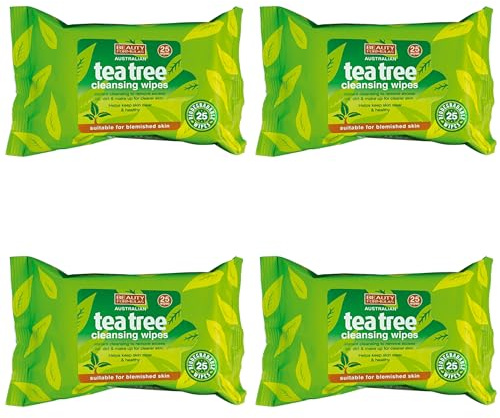 Australian Tea Tree Cleansing Wipes 4 Pack - 4 x 25 Biodegradable Face Wipes - Removes Oil, Dirt and Make-Up - Suitable for Blemish Prone Skin (100 Wipes)