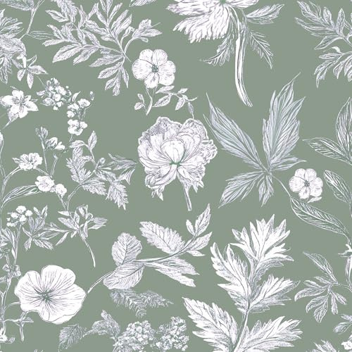 Amiya Salbei-Grün Blattlinien Blumen Selbstklebende Tapete 44 X 300 cm | Grüne Blumen im Retro-Stil. Wasserdicht, Vinylfolie ideal für Wohnzimmer, Schlafzimmer oder Flure.