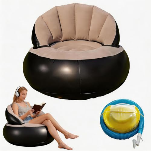 JJZENKD Aufblasbare Sofa,Aufblasbarer Sofastuhl Tragbarer Aufblasbarer Stuhl Beflocktes Luftsofa Rundes Outdoor Sofa für Wohnzimmer, Couch Aufblasbar Outdoor Camping Strand Balkon (Kaffee)