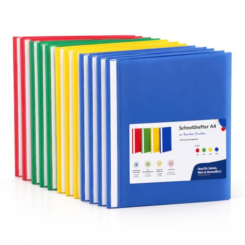 16x Schnellhefter A4 - bunt - rot,grün,gelb,blau - mit Beschriftungsfeld - Heft-Mappen Organisation - transparente Vorderseite - Kunststoff - Heft Mappen (1x Set (16 Stück))