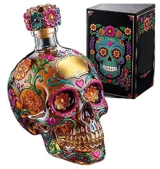 Hemoravoma Floral Painted Glass Skull Decanter, Gothic Style Decorative Bottle with Vibrant Flower Art Unique Spirit Decanter for Home Bar Display, Halloween and Day of The Dead Party Ornament