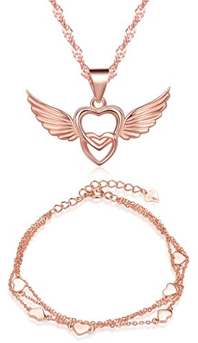 Yumilok Schmuck-Set für Damen und Mädchen, Halskette und Armband, Liebesherz und Flügel, 925er Silber, Silber