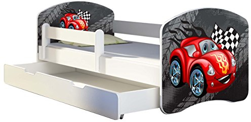 Kinderbett Jugendbett mit einer Schublade und Matratze Weiß ACMA II 140 160 180 40 Design (180x80 cm + Bettkasten, 04 Rote Auto)