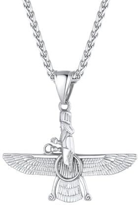 U7 Herren Damen Halskette mit Faravahar Anhänger Edelstahl Farohar Forouhar Anhänger mit Weizenkette/Rolokette Iranische Persische Kettenanhänger Zoroastrismus Modeschmuck für Geburtstag Jahrestag