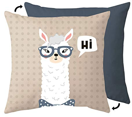 GEDA LABELS 12027 Kissen Lama - Hi, Vorderseite mit Motiv, Rückseite einfarbig, ca. 40 x 40 cm, blau / beige