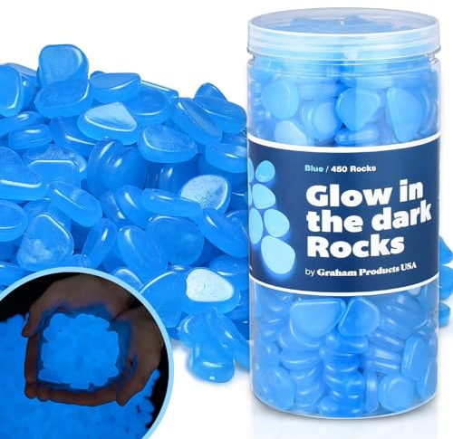 Graham Products 450 Stück im Dunkeln leuchtende Steine | Verwendung im Innen- und Außenbereich | Für Kinder ab 6 Jahren | Angetrieben durch Sonnenlicht – Blau