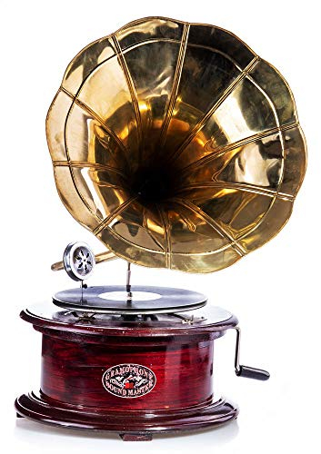 Trichter Grammophon Vintage „Villa Gatsby“ – 20er-Jahre Mechanischer Plattenspieler mit geschnitztem Holzgehäuse, Messing-Trichter & Schellackplatte Art Deco his Masters Voice