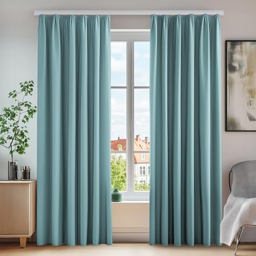 Deconovo Blickdichter Thermovorhang Gardinen mit Kräuselband Lärmschutz Wohnzimmer, 220x140 cm(HöhexBreite), Himmelblau, 2er Set