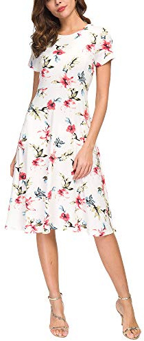 EXCHIC Femmes Fleurs Imprimé Manche Courte Midi Robe Col Rond Longueur Genou Taille Haute Elastique Robe(L, 5)