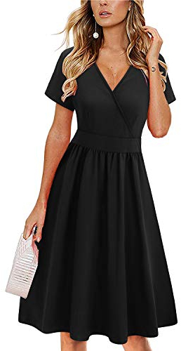 VOTEPRETTY Sommerkleid Damen Knielang Kleid Kurzarm V Ausschnitt Wickelkleid Blumen Midikleid mit Taschen(Schwarz,XXL)