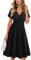 VOTEPRETTY Sommerkleid Damen Knielang Kleid Kurzarm V Ausschnitt Wickelkleid Blumen Midikleid mit Taschen(Schwarz,XXL)