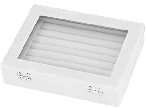 Brrnoo Ring Box Aufbewahrungsbox für Schmuck Samt Display Schmucklade mit 7 Fächern und Deckel, Jewellery Box Vitrine Organizer mit transparentem Glasdeckel für Ringe, Ohrringe und(Weiß)
