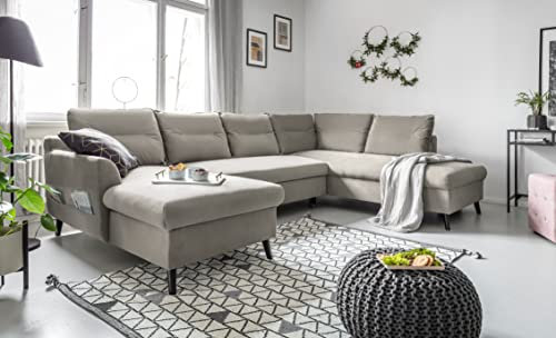 MIUFORM Ecksofa U-Form mit Schlaffunktion und Bettkasten | Stylish Stan | Wohnladschaft Couch Schlafcouch Wohnzimmer Gästezimmer | Holzlfüße Easy-Clean Stoff Samt (Beige, Rechts ausgerichtet)