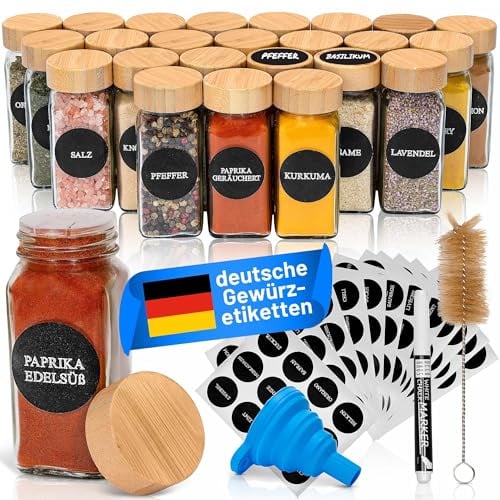 Deco haus® Pot a Epices en Verre avec Étiquettes d'épices Lot de 24 Boite a Epices Cuisine Rangement, Bocal Epices avec Couvercle Hermetiques - Boite Epices Cuisine, Rangement Epices