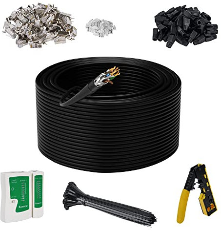Cat 7 Outdoor Ethernet Bulk Cable 1000 FT With Tool Kits,Adoreen 10Gbps Heavy Shielded Internet Cable,24AWG Solid Copper,POE,UL CMR,S/FTP,Direct Burial&Indoor,Cat6A Cat7 Cat 6E Cat 6 Network RJ45 Cord