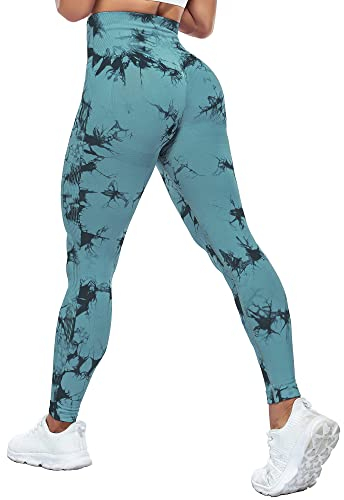 Yaavii Gym Leggings Damen High Waist Push Up Booty Hose für Yoga Fitness Gym Workout Tie Dye Pfau Blau L
