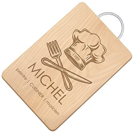 Maverton Planche à découper avec personnalisation pour homme - Plateau fromage gravé pour lui - Planche de cuisine en bois de hêtre pour chef - pour anniversaire - papa - chapeau de chef
