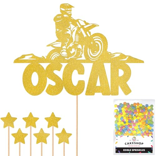 Personalised Dirt Bike Motorbike Racing Glitter Cake Topper - Gold Custom Name Glitter Cake Decoration and Sprinkles - Happy Birthday Decorations - Personalised Toppers for Cakes by Cakeshop