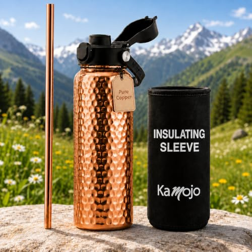 Kamojo Copper Water Bottle for Drinking - Hammered 100% Pure Copper Tumbler with Push Button Lid, Removable Insulating Sleeve & Straw - Handcrafted 32 fl oz Ayurvedic Cup for Water