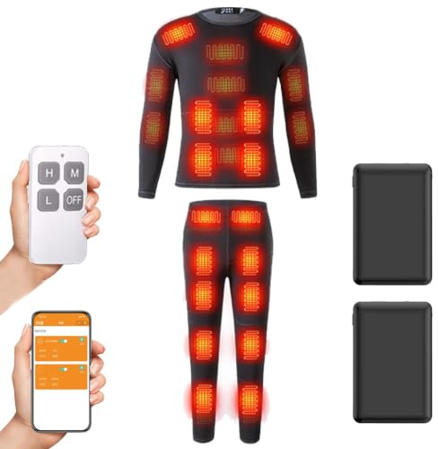 32 Areas Heated Thermal Underwear Set, App Control Motorcycle Clothing Fleece Thermal Shirt Pants, Without Battery,Black,L