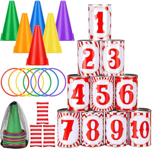 PullCrease 29 Pcs 4 in 1 Carnival Games Set: Bean Bags, Plastic Cones, Carnival Cans, Rings for Adults, Teens, Indoor & Outdoor Games