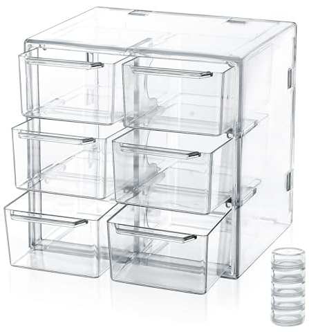 Caja de Cajones Apilable, Organizador de Cosméticos y Maquillaje Acrílico Con 6 Cajones para Dormitorio, Baño, Tocador, Joyas, Anillos, Collares - 12 x 10 x 12 cm